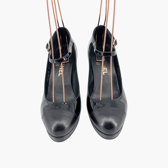 Chanel Platform Pumps Size 38 US 7-7.5 Black Patent Cap Toe Mary Jane Mid Heel - Picture 3 of 15